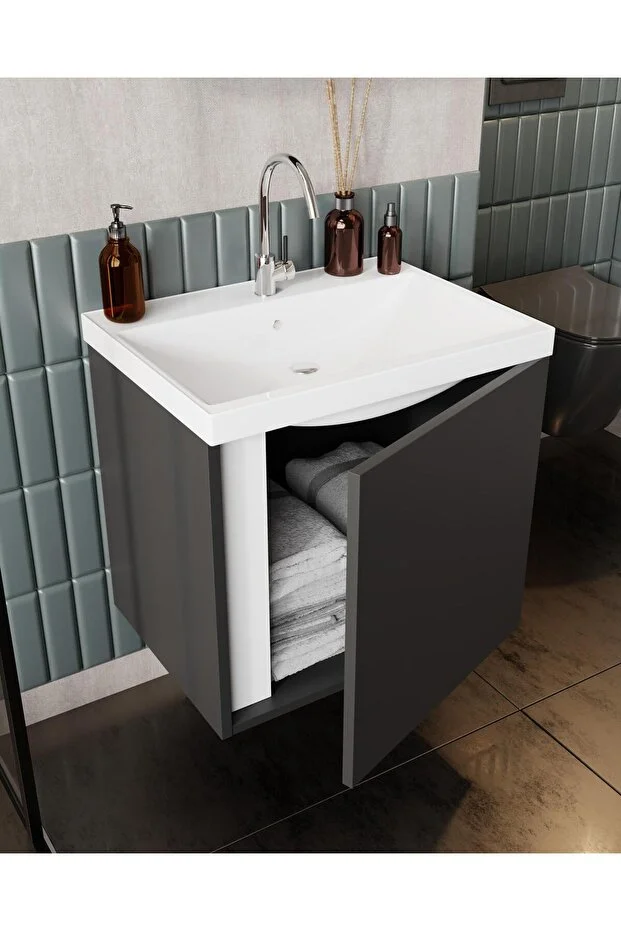 Kemer 50 Cm, Lavabolu, Aynalı, Banyo Dolabı, Mat Antrasit, Lavabo Dahil